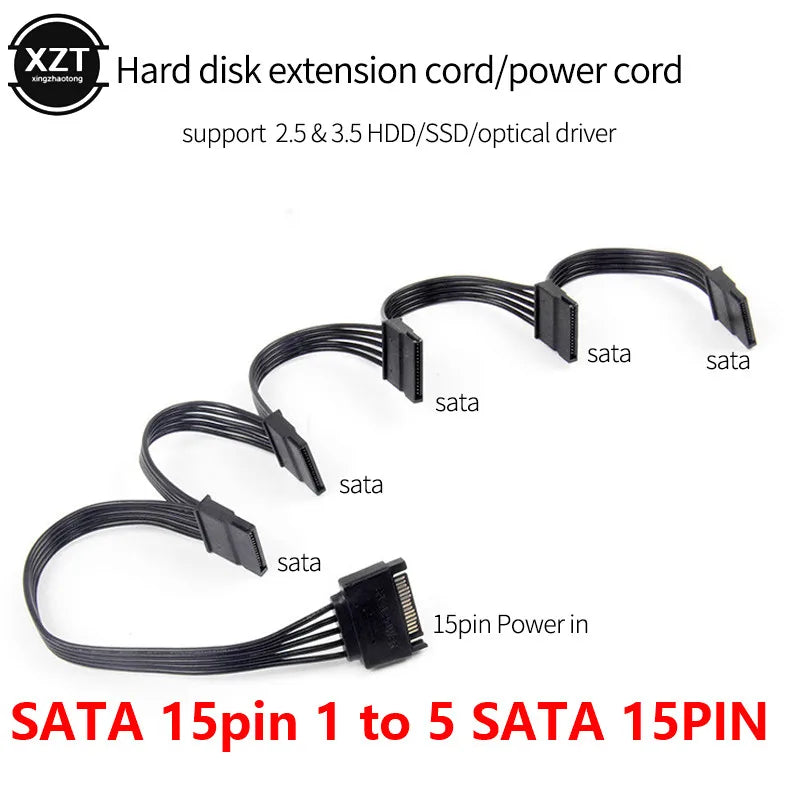 New SATA 15Pin M 1 to 5 SATA 15Pin F Hard Drive Power Supply Splitter Cable Cord for DIY PC Sever 15-pin Power Adapter 60CM