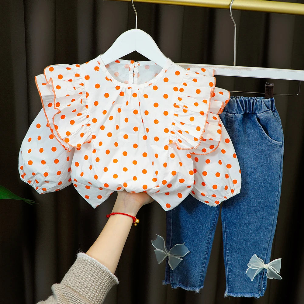 Cute Clothes for Kid Baby Girl Outfit Set Fashion Dot Lace Collar + Long Denim Bows Trousers Children Clothing 1 2 3 4 Years