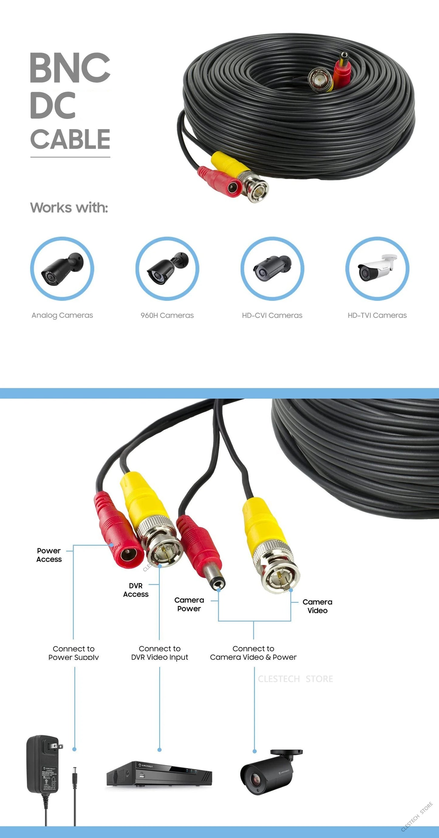 ALL Copper AHD CCTV CABLE 5m 10m 15m 20m 30m 50m Video+power AHD Copper CCTV Camera extend Wires Extension extension with BNC+DC