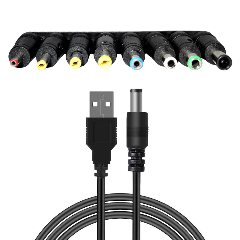 Universal Power Cable USB to DC 5.5 * 2.1mm Jack 5V Charging Cord with 8 Selectable Connector Tips for CCTV Cameras TV Box