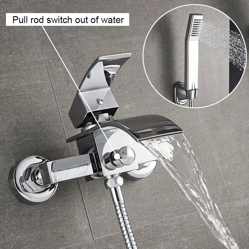 ROVATE Bathtub Shower Set Wall Mounted Waterfall Bath Faucet, Bathroom Cold and Hot Mixer Taps Brass Chrome