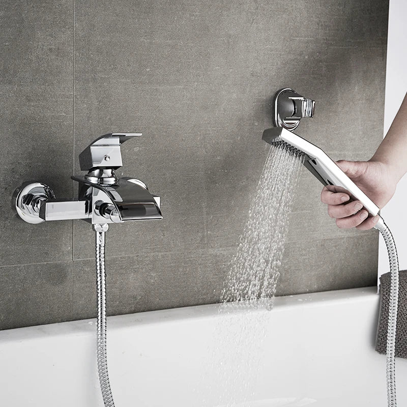 ROVATE Bathtub Shower Set Wall Mounted Waterfall Bath Faucet, Bathroom Cold and Hot Mixer Taps Brass Chrome
