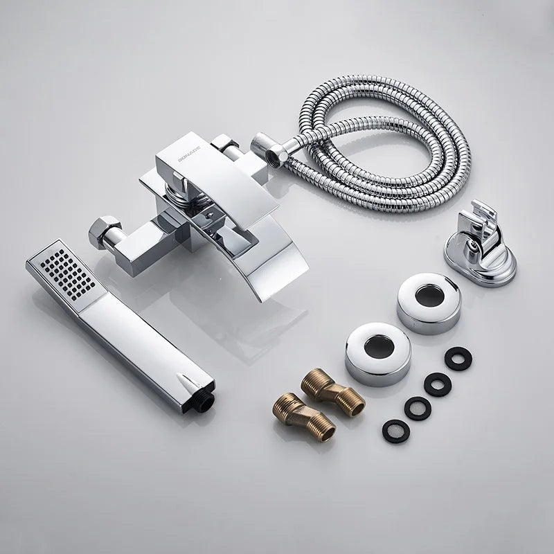 ROVATE Bathtub Shower Set Wall Mounted Waterfall Bath Faucet, Bathroom Cold and Hot Mixer Taps Brass Chrome