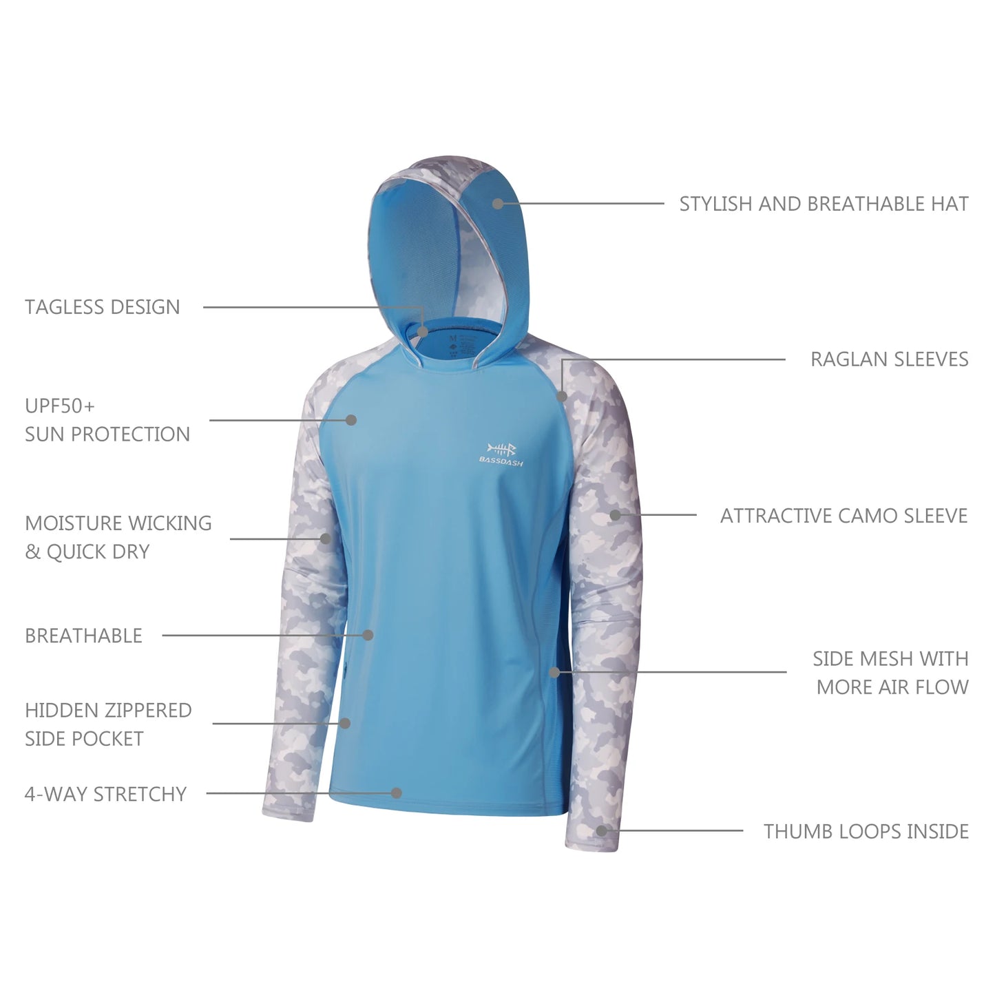 Bassdash Men’s UPF 50 Performance Fishing Shirt Cooling Hoodie Camo Long Sleeve Sweatshirt Hiking Cycling Kayaking Keeping Dry