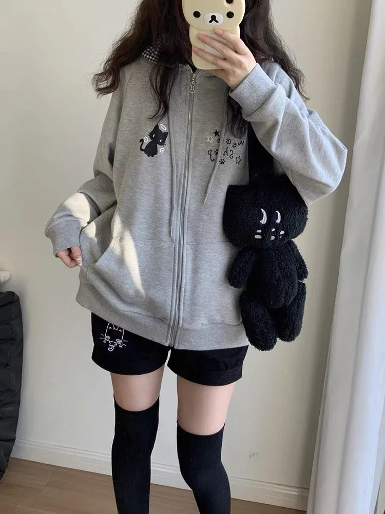 Ropa Mujer Japanese Cute Hoodies Coats Cute Cat Print Hooded Sweatshirts Y2K Tops Women Clothing Casual Zipper Loose Hoodie