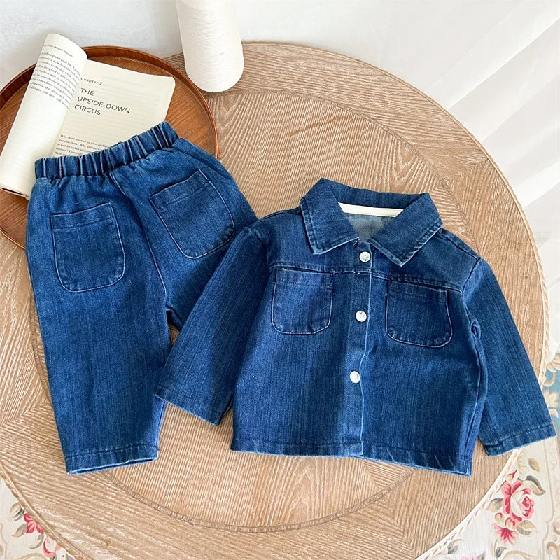 Children's suit spring and autumn boys and girls long-sleeved denim shirt jacket trousers two-piece baby top denim suit