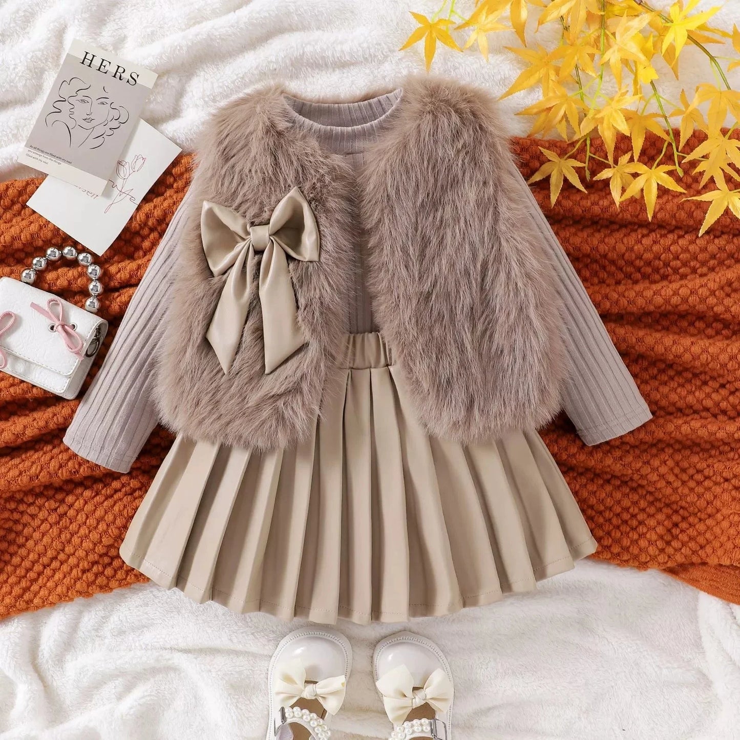 Children's Clothing Sets Furry Vest + Long Sleeve T-shirt + Leather Skirt 3pcs Sets Baby Girl Outfit Set Toddler Girl Clothes