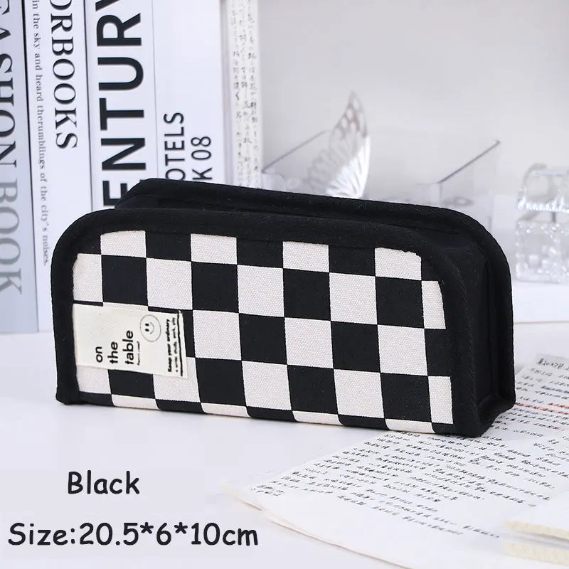 Simple Black and White Plaid Canvas Pencil Case School pencil case Kawaii Stationery Storage Bag aesthetic stationery