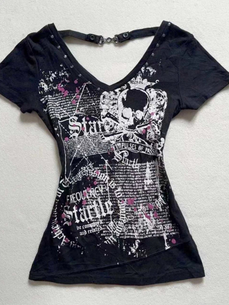 2025 Ropa Mujer Summer Tshirts for Women V-neck Short Sleeve Tunic Camisetas Pink Print Tees Crop Tops Casual Chic Y2k T-shirt