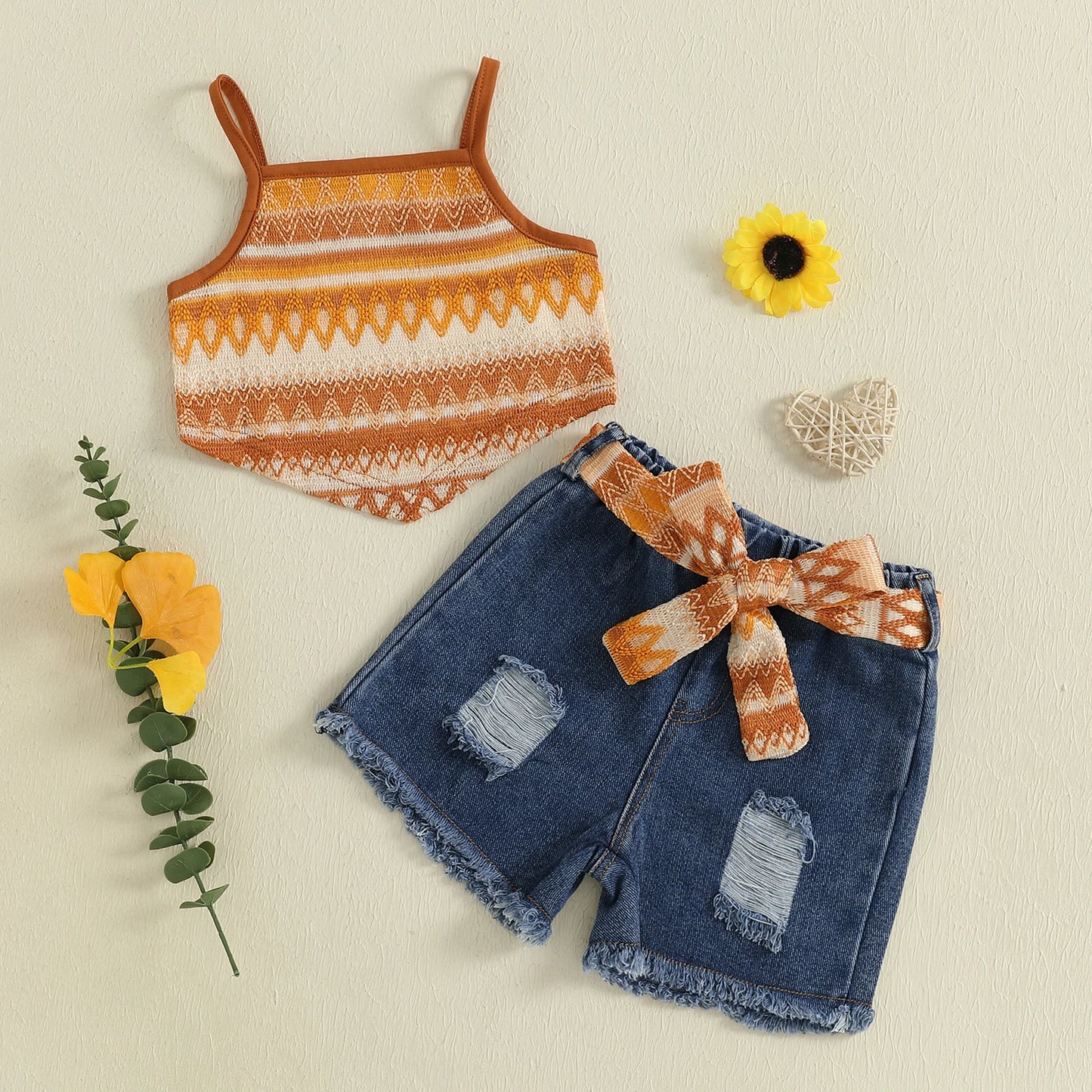 2-7Y Kids Girls Summer Outfits Adorable Boho Print Camisole Tops and Ripped Denim Shorts with Belt Set Fashion Children Clothes
