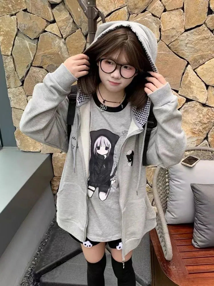 Ropa Mujer Japanese Cute Hoodies Coats Cute Cat Print Hooded Sweatshirts Y2K Tops Women Clothing Casual Zipper Loose Hoodie