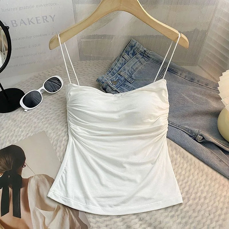 Women Sexy Ruched Camisole Top with Built-in Bra Solid Color Spaghetti Sweet and Spicy Sleeveless Outerwear Vest