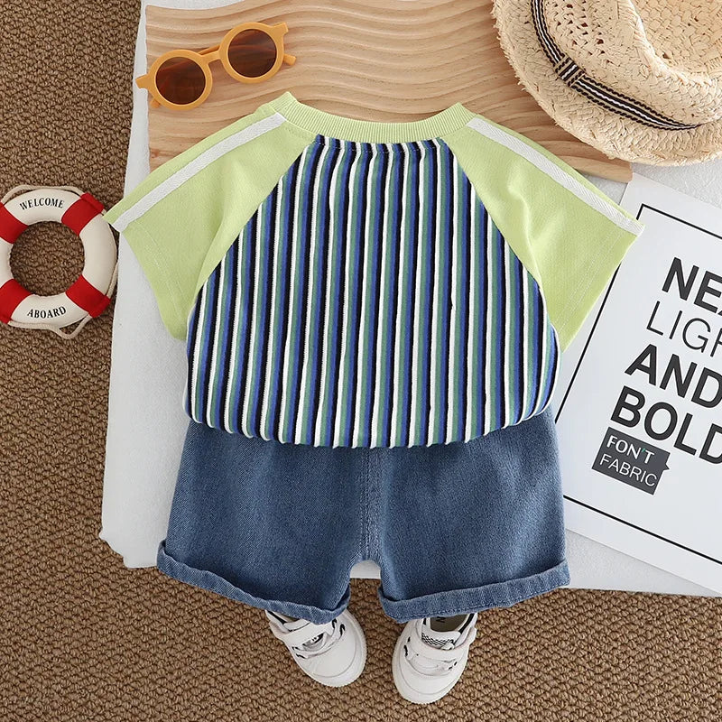 Baby Children's Summer Clothes Set 1-5Y Raglan Sleeve Striped T-shirt and Denim Shorts Boys 2pcs Suit Kid's Short Sleeve Outfit