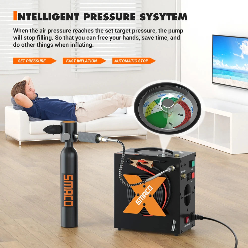 SMACO Air Compressor 4500psi/30mpa High Pressure Air Compressor Scuba Tank Hpa Pump Oil Free 12v Dc 220v Ac Water/Oil Separator