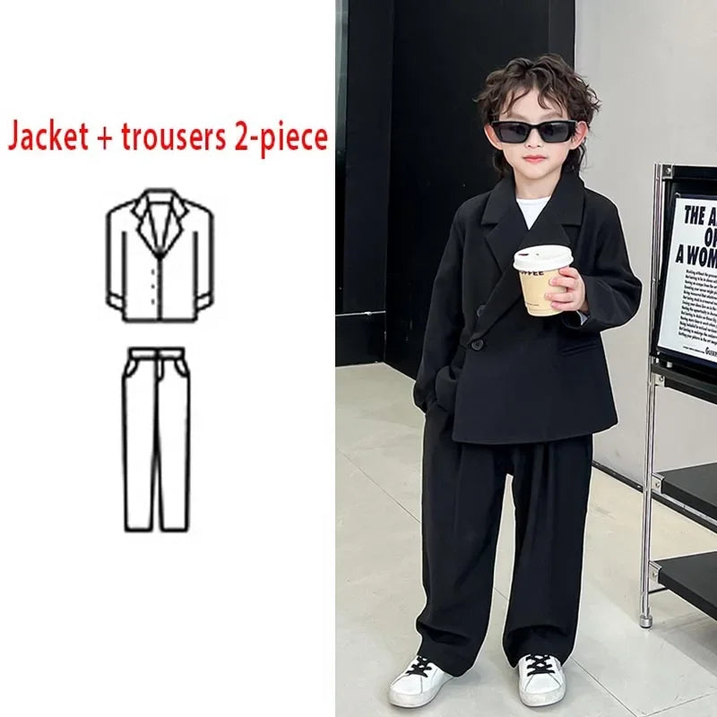 2025 Spring Children Suits Outfits Casual Loose Page Boy Wedding Costume 2 To 12 Y Toddler Host Catwalk Performing Blazers Set