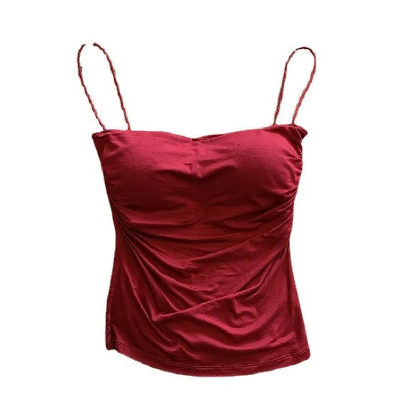 Women Sexy Ruched Camisole Top with Built-in Bra Solid Color Spaghetti Sweet and Spicy Sleeveless Outerwear Vest
