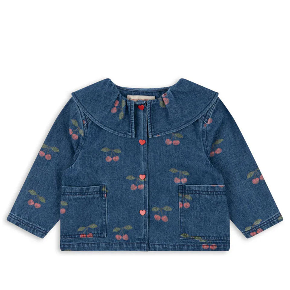 New Kids Girls Clothes Cute Print Cherry Denim Jacket Coat Overalls Jeans Toddler Girls Denim Dress White Shirt Outfit Set