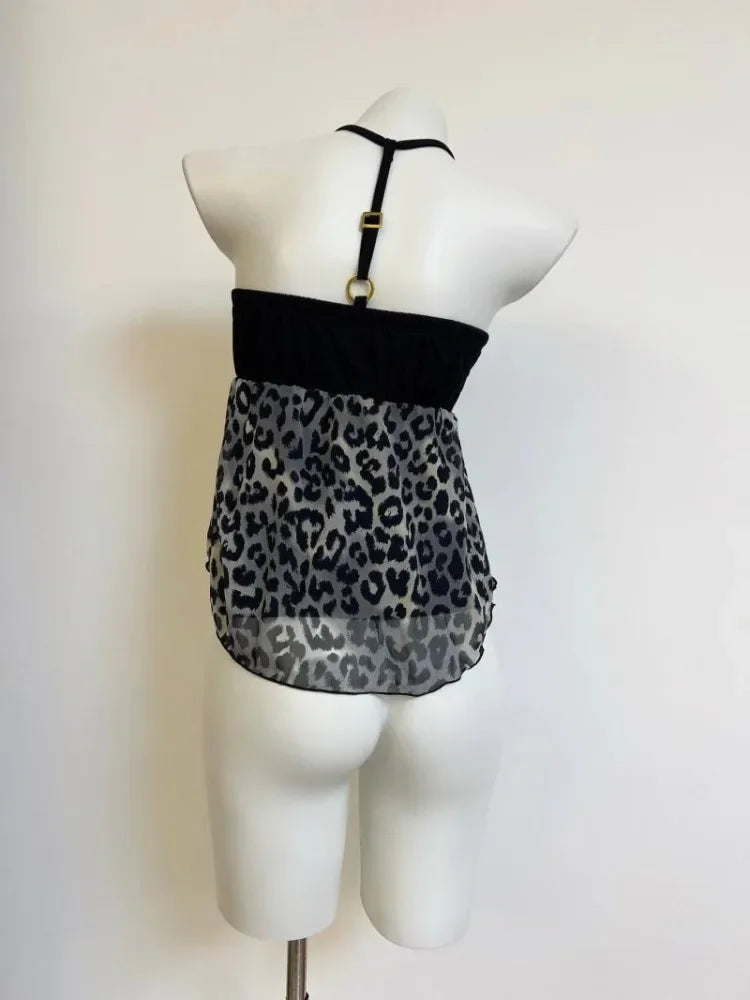 Women Clothing Summer Crop Tops 2025 Ropa Mujer Halter Backless Loose Vest Sweet Korean Camis Korean Leopard Print Sexy Tanks