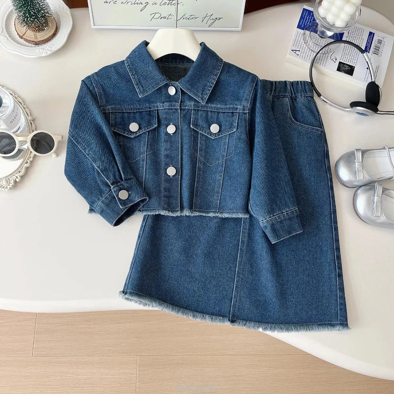 Teen Girl Clothes Little Baby 2 Piece Clothing DenimPiece Sets Fashion Children Autumn Outfits Kids Jacket and Long Skirts Two