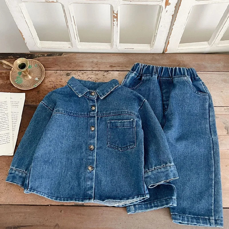 Children's suit spring and autumn boys and girls long-sleeved denim shirt jacket trousers two-piece baby top denim suit