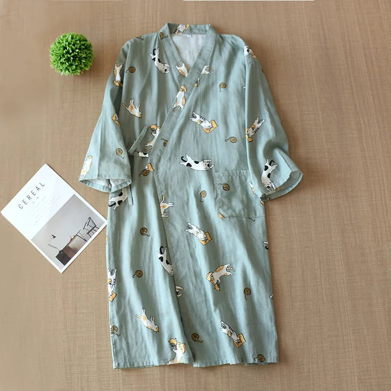 2025 Women's Robe 100% Cotton Robe Kimono Seven-Sleeve Pajamas Loose Cartoon Cat Print Night-robe Pajamas Bathrobe for Couple