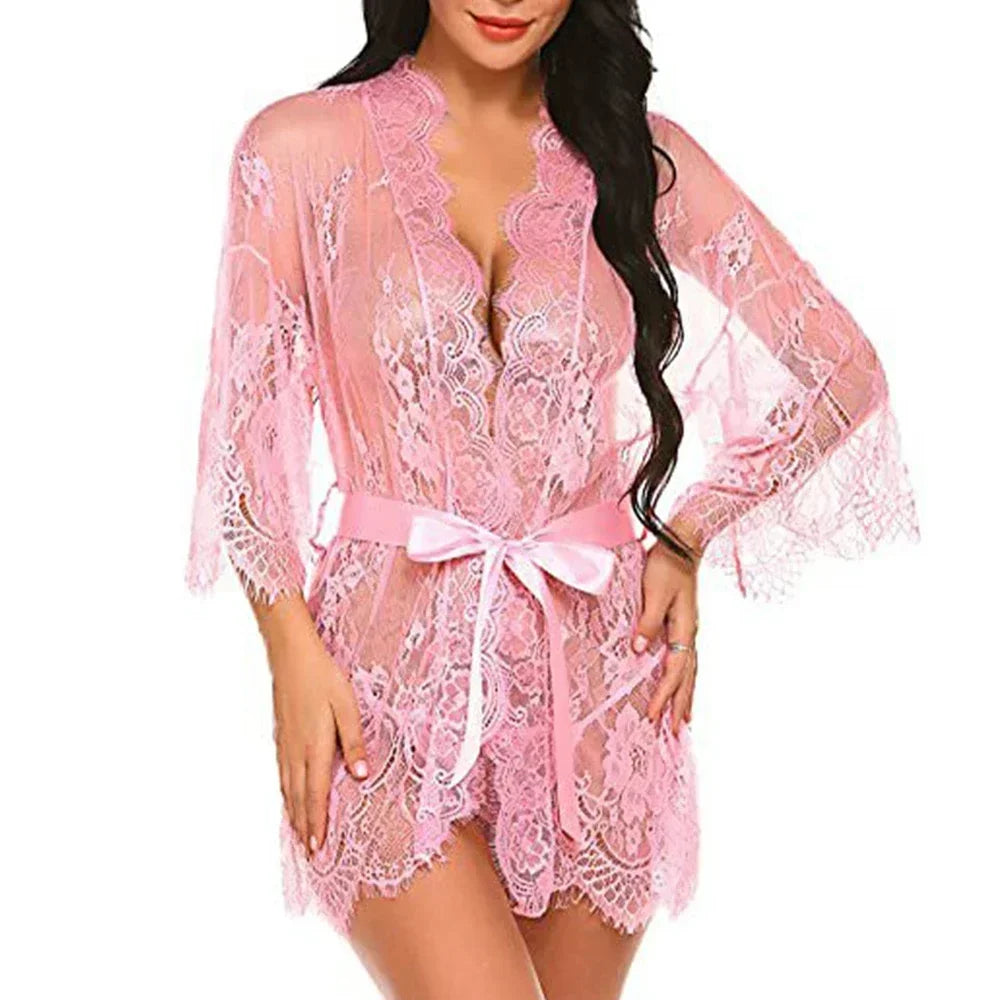 Sexy Lace Robe Dress+G String Thongs Women Erotic Transparent Sleepwear Pajamas Lace Nightdress Mujer Pornos Costumes Underwear