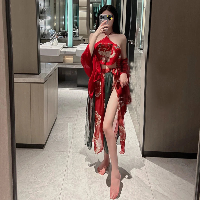 Women Chinese Traditional Dress Hanfu Chiffon Pajamas Robe Apron Suit Sexy Erotic Lingerie Vintage Clothing Female Nightdress