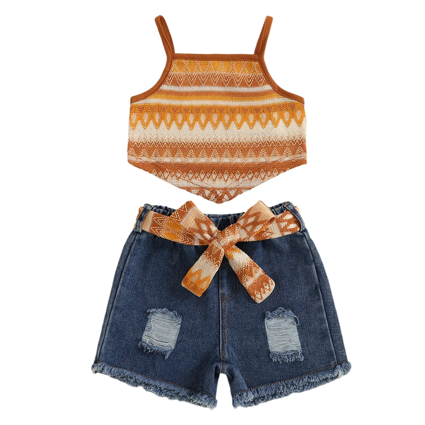 2-7Y Kids Girls Summer Outfits Adorable Boho Print Camisole Tops and Ripped Denim Shorts with Belt Set Fashion Children Clothes