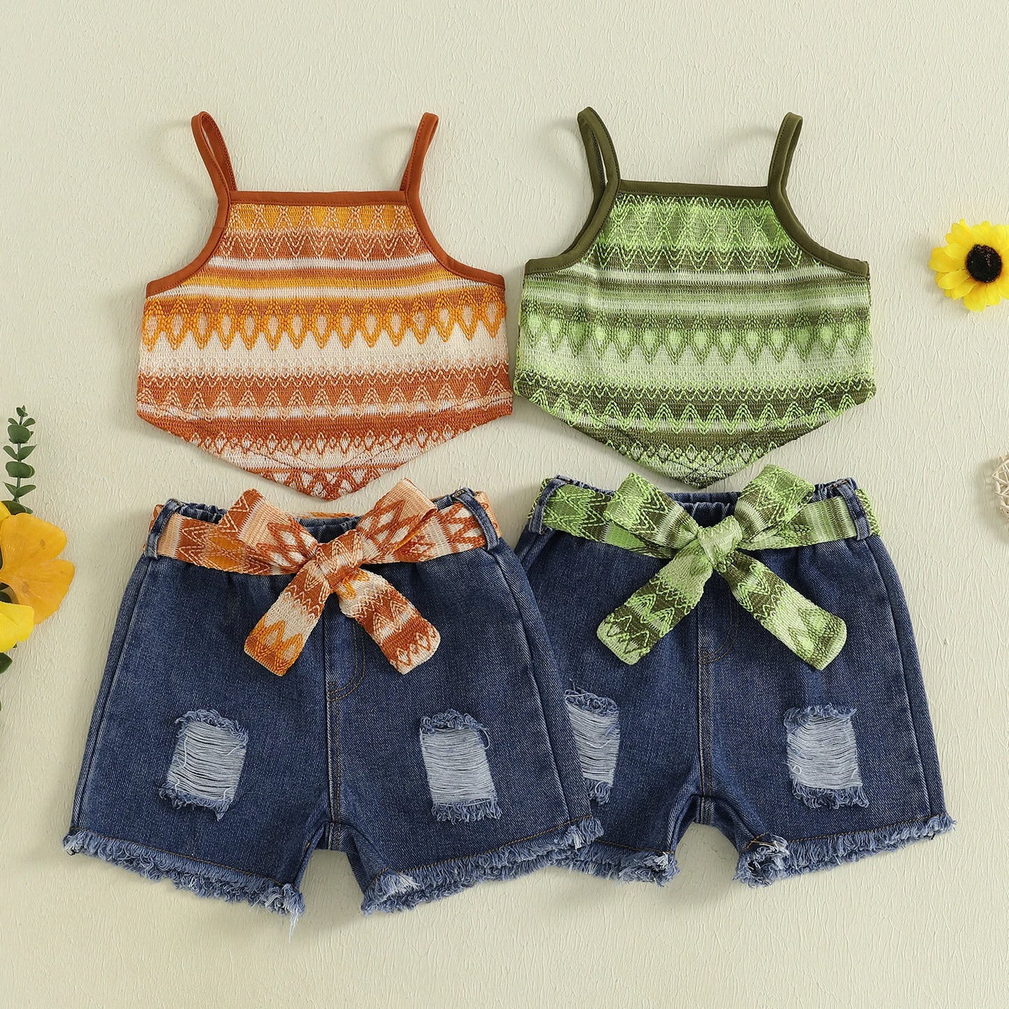 2-7Y Kids Girls Summer Outfits Adorable Boho Print Camisole Tops and Ripped Denim Shorts with Belt Set Fashion Children Clothes