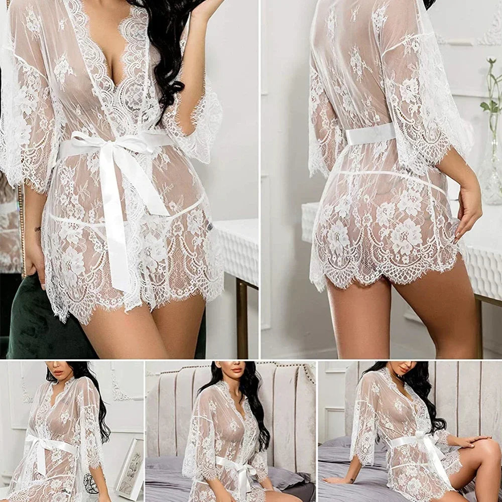 Sexy Lace Robe Dress+G String Thongs Women Erotic Transparent Sleepwear Pajamas Lace Nightdress Mujer Pornos Costumes Underwear
