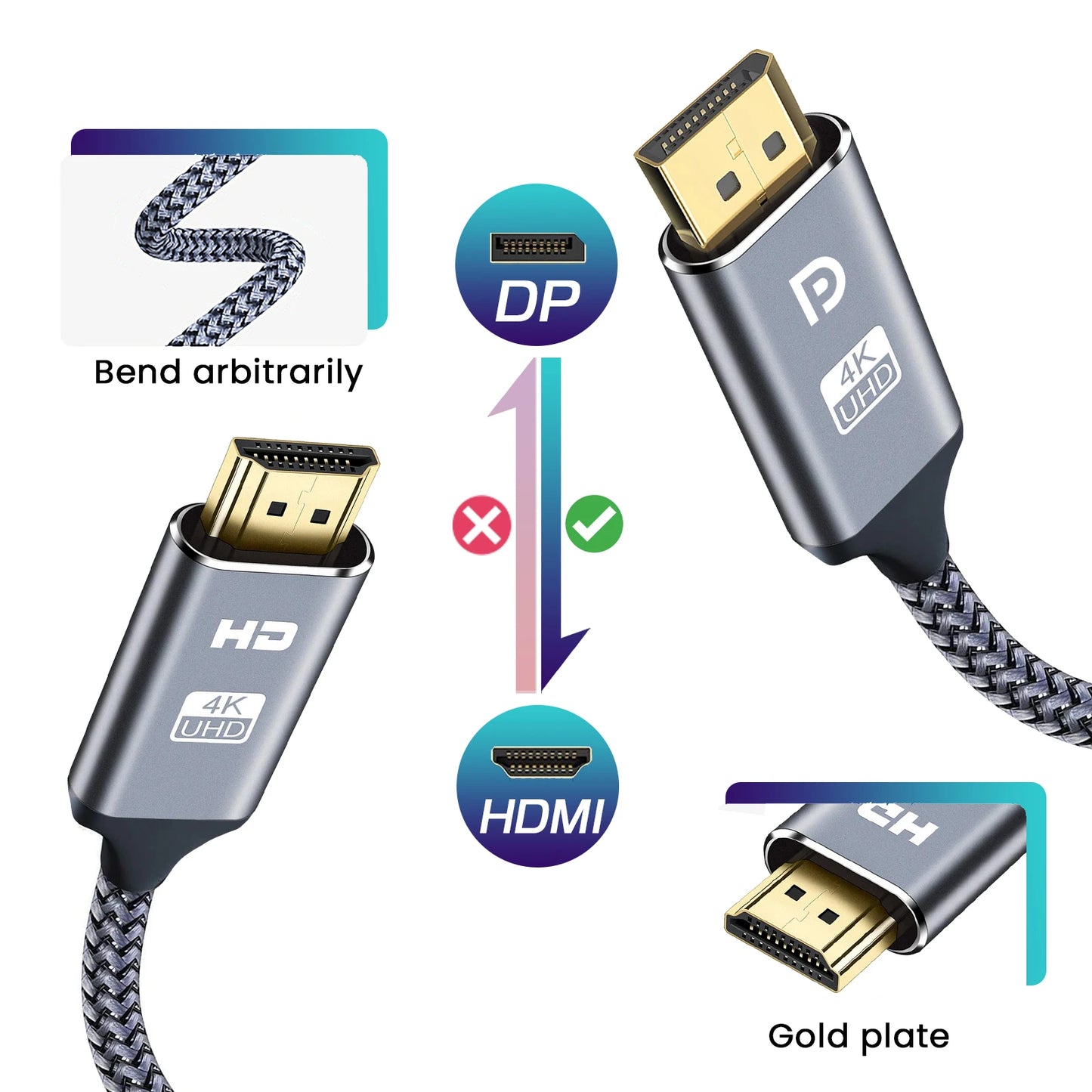 4K DisplayPort to HDMI Cable Adapter 3.3ft 1m DP to HDMI Male Video UHD 1440P/2K@120Hz,4K@30 Nylon DP to HDTV Uni-Directional C