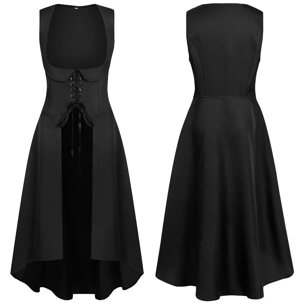 Women Renaissance Dress Peasant Pirate Medieval Tight Waist Apron High Low Dress