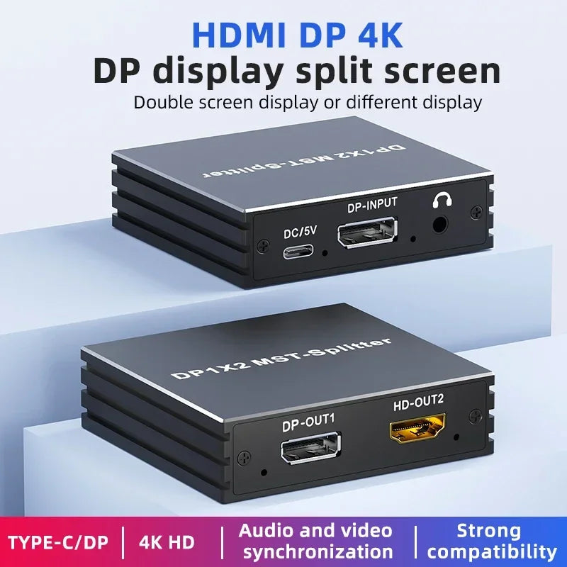 4K 60Hz DisplayPort Splitter 1 In 2 Out DP 1.4 MST Hub 1x2 Extend DP to HDMI Dual Monitor for Desktop Video Card to TV Monitor