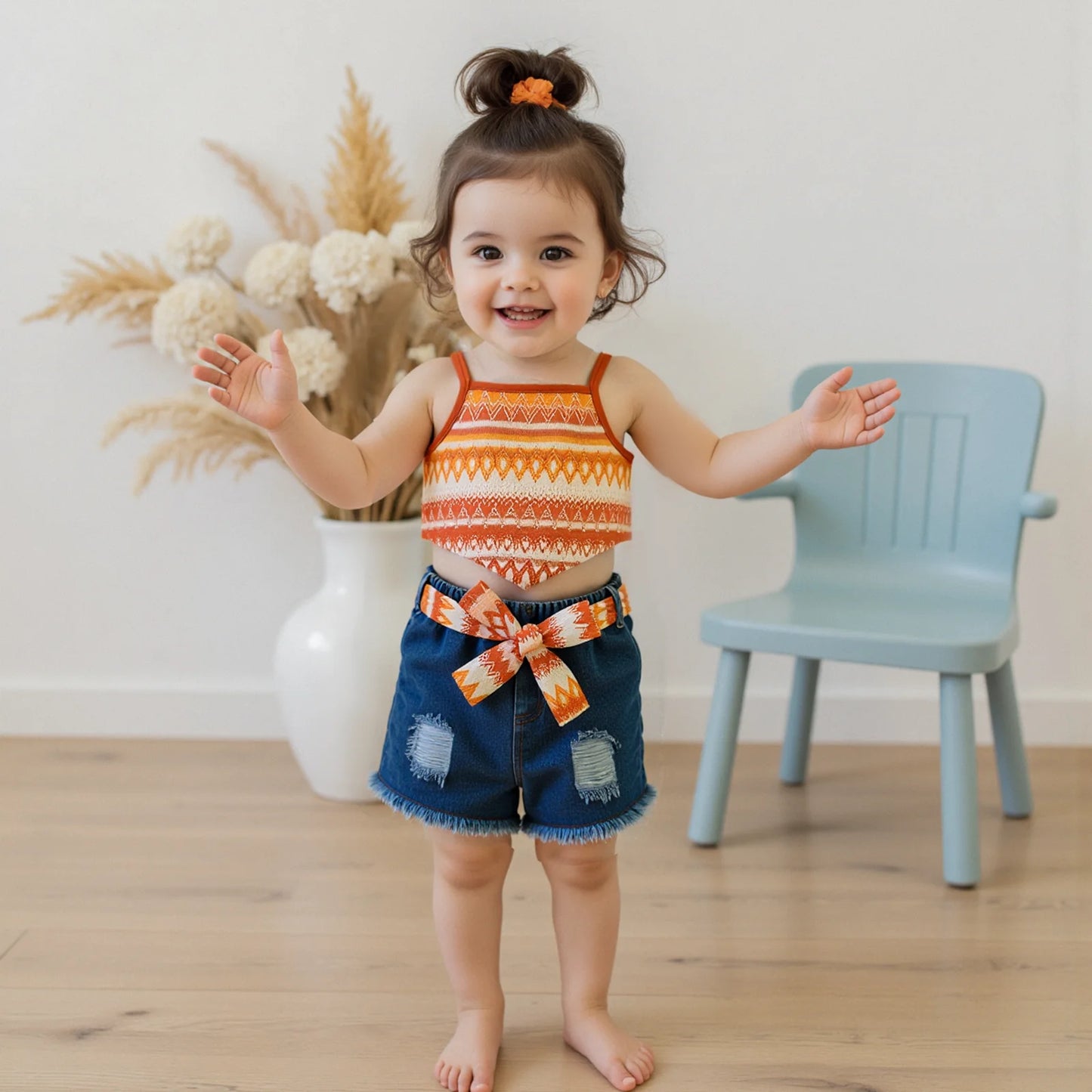 2-7Y Kids Girls Summer Outfits Adorable Boho Print Camisole Tops and Ripped Denim Shorts with Belt Set Fashion Children Clothes
