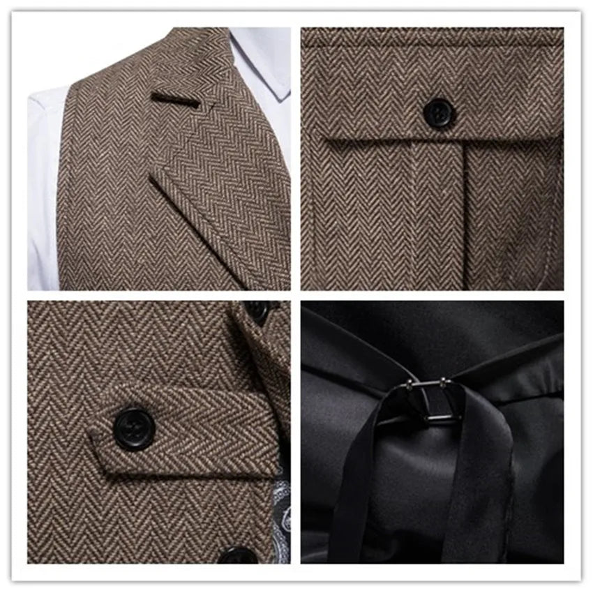 Costume Homme Vintage Suit Vest Men Herringbone Tweed Gentleman Elegant Wasitcoat Mens Business Formal Dress Vest Chaleco Hombre