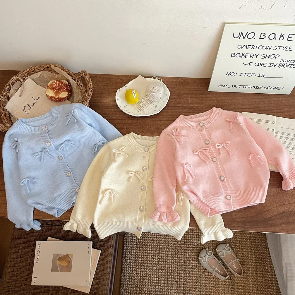 Childrens Clothing 2024 Autumn and Winter New Item Girls Bow Knit Cardigan Sweater Jacket Cute Baby Sweet Top Fashion