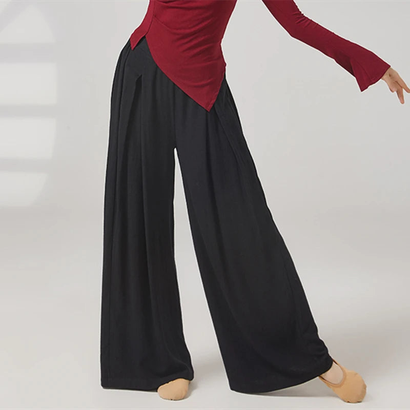 Modern Dance Pant Women Pleat Wide-Leg Trousers Long Straight Elastic Waist Casual Daily Wear Classical Stage Training Costumes