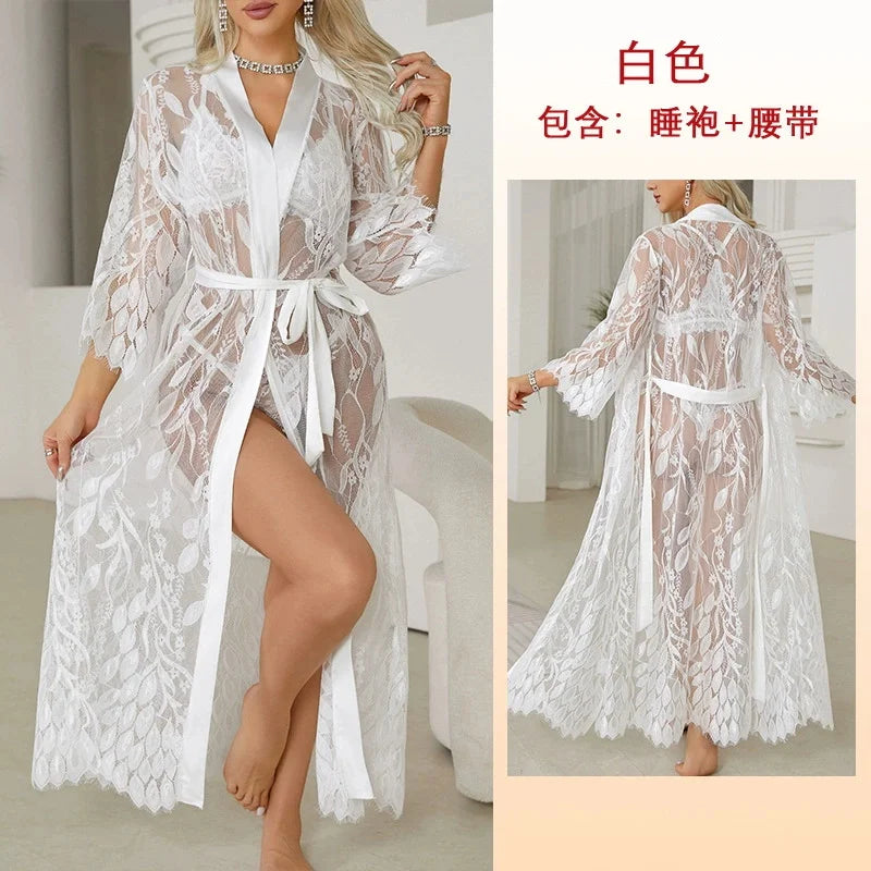 Women'S Home Sexy Pure Desire Love Mesh Pajamas Morning Robe Ice Silk Long Robe Sexy Lingerie Role Play Monos Para Mujer 