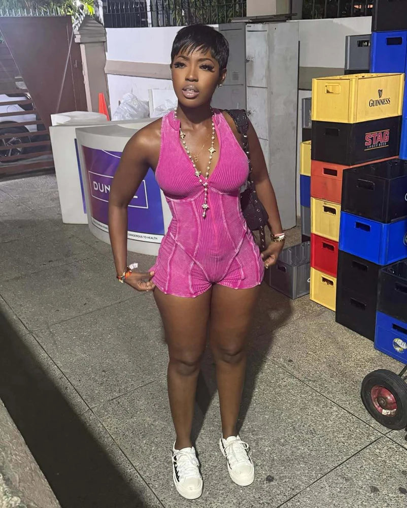 Women Ribbed 1 Piece Rompers 2025 Summer Casual Washed Retro Playsuits Street Clothes Sexy V Neck Sleeveless Bodycon Jumpsuits