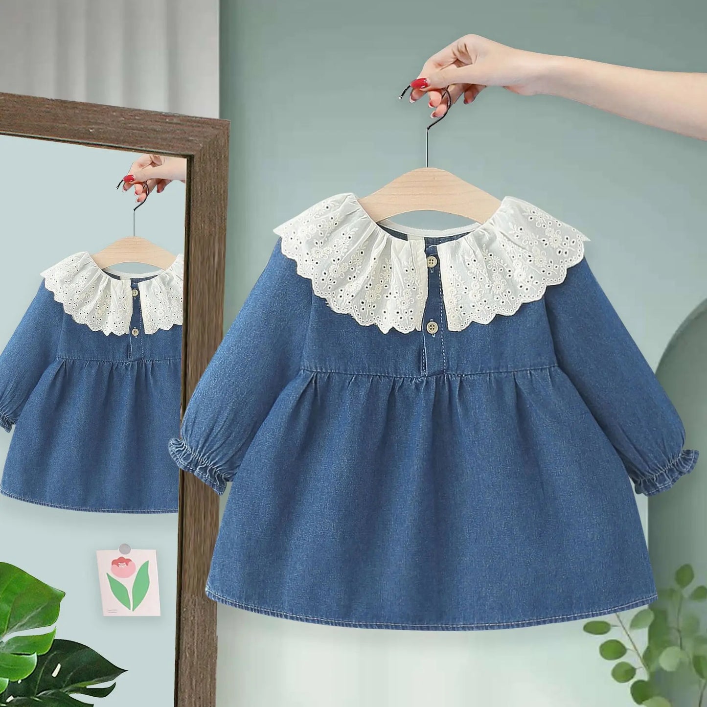 Children's Clothing Autumn Girls' Dress Children's Long-sleeved Foreign Denim Skirt Children's Baby Lace Collar Princess Dress