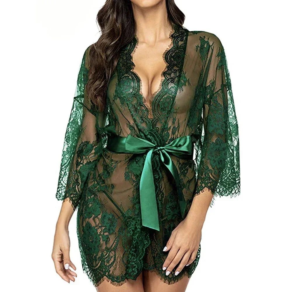 Sexy Lace Robe Dress+G String Thongs Women Erotic Transparent Sleepwear Pajamas Lace Nightdress Mujer Pornos Costumes Underwear