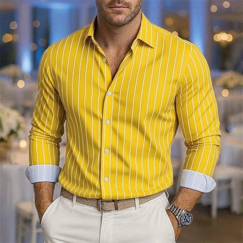 Camisa holgada a rayas para hombre, informal, transpirable, con solapa y botones, manga larga en 11 colores, tela suave y cómoda