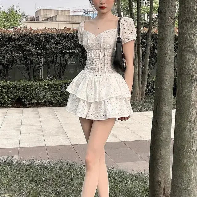 Women Dresses Square Collar Hollow Ruffled Girl Short Culottes Vestido De Mujer Femme Robe