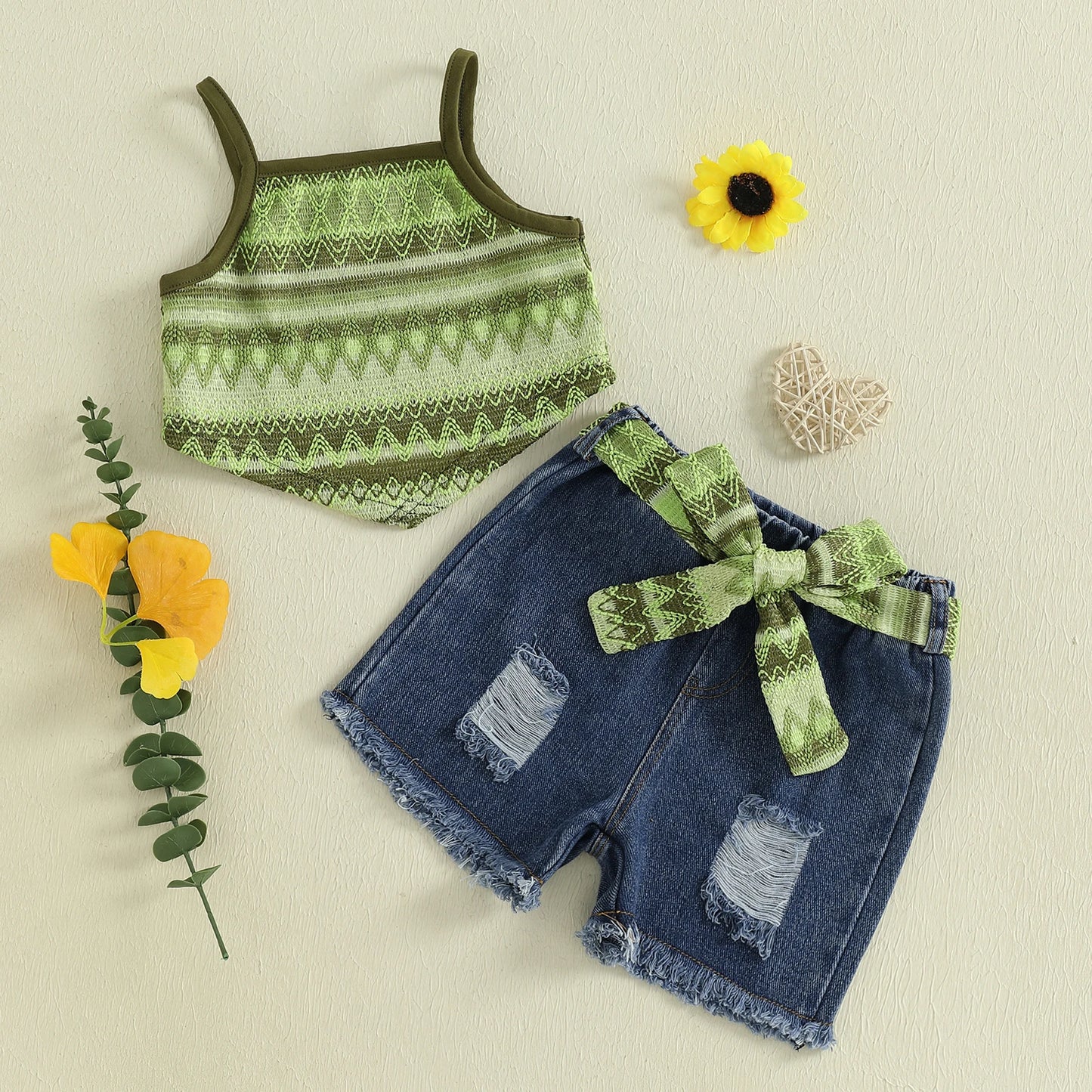 2-7Y Kids Girls Summer Outfits Adorable Boho Print Camisole Tops and Ripped Denim Shorts with Belt Set Fashion Children Clothes