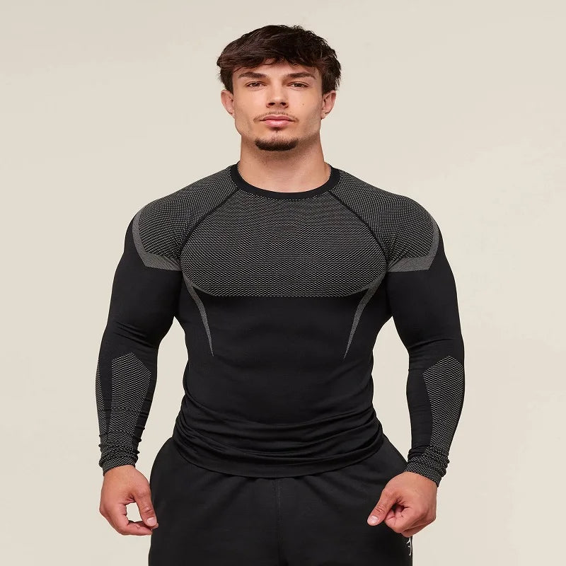 Ropa ajustada para hombre, ropa deportiva para entrenamiento, fitness, correr, cuello redondo largo estampado elástico a la moda