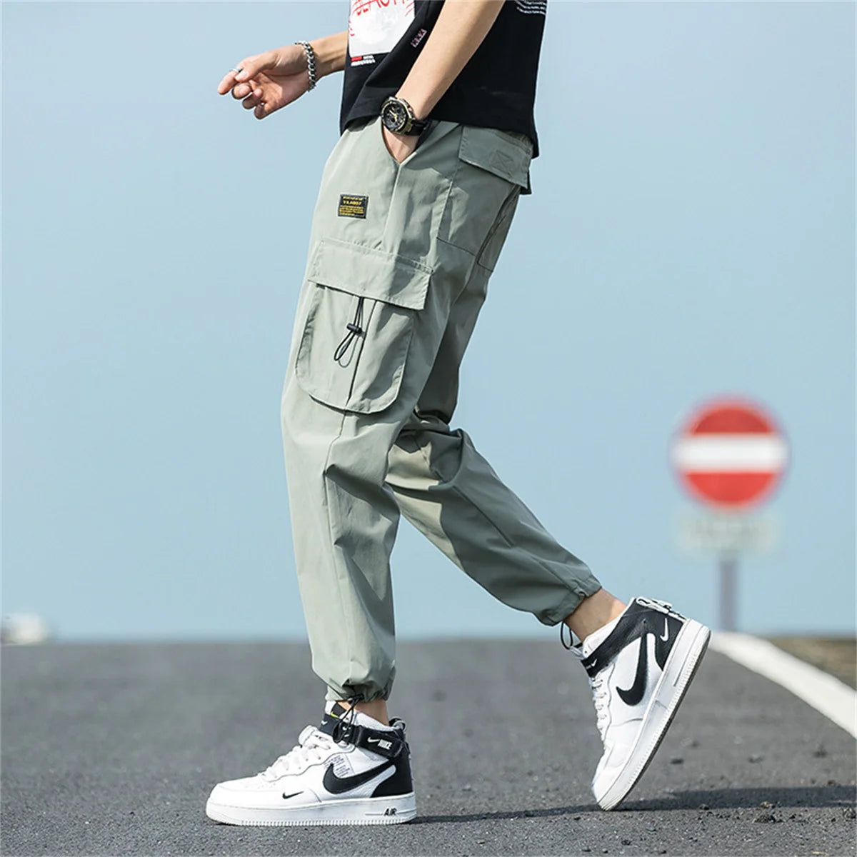 Men's Cargo Pants Casual Hip Hop Hit Color Multiple Pockets Trousers Streetwear Ribbons Techwear Sweatpants Boys