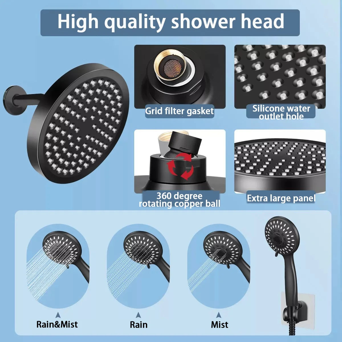 Bathroom Concealed 6-inch ABS Pressurized Shower Set Matte Black Showerhead Combination Toilet Top Spray Shower