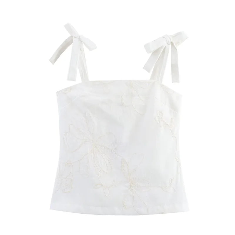 Women's suit New Summer 2025 White Camisole Wide-leg Pants Set Embroidered Trim Sexy Casual Personality Fashion