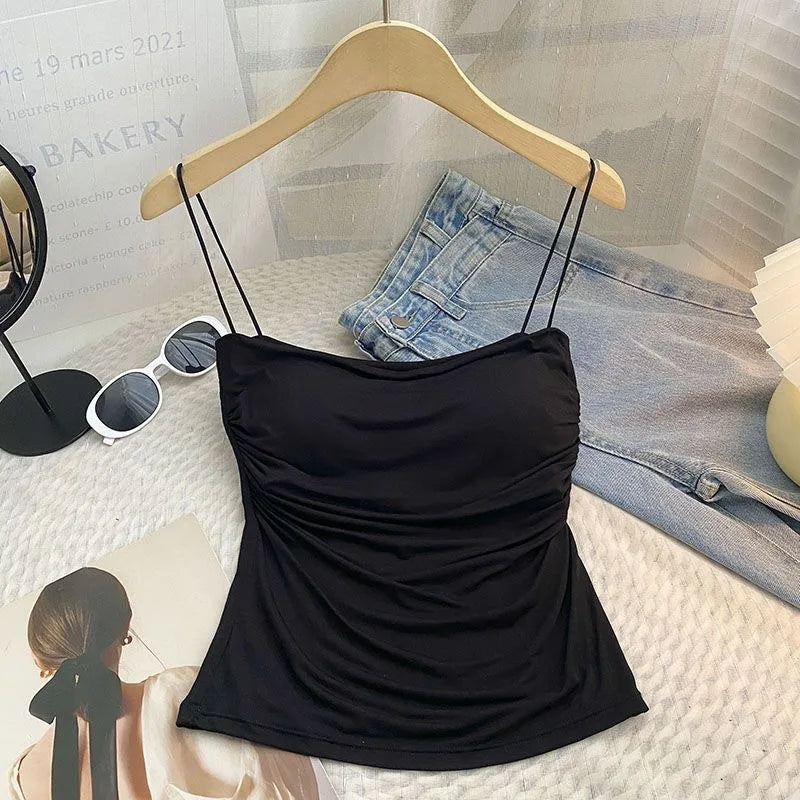 Women Sexy Ruched Camisole Top with Built-in Bra Solid Color Spaghetti Sweet and Spicy Sleeveless Outerwear Vest