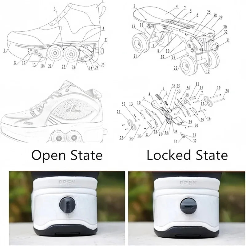 Roller Shoes Adult Unisex Retractable Four Wheels Walk Shoe Girls Boys Parkour Sneaker Stylish Skate 2 in 1 Removable Pulley